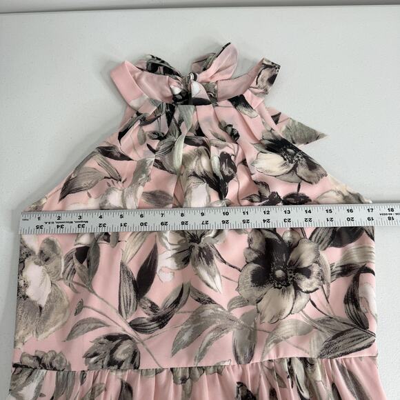 Eliza J Dress Womens 10 Pink Floral Belted Chiffon Halter Maxi Wedding Guest - Picture 12 of 15